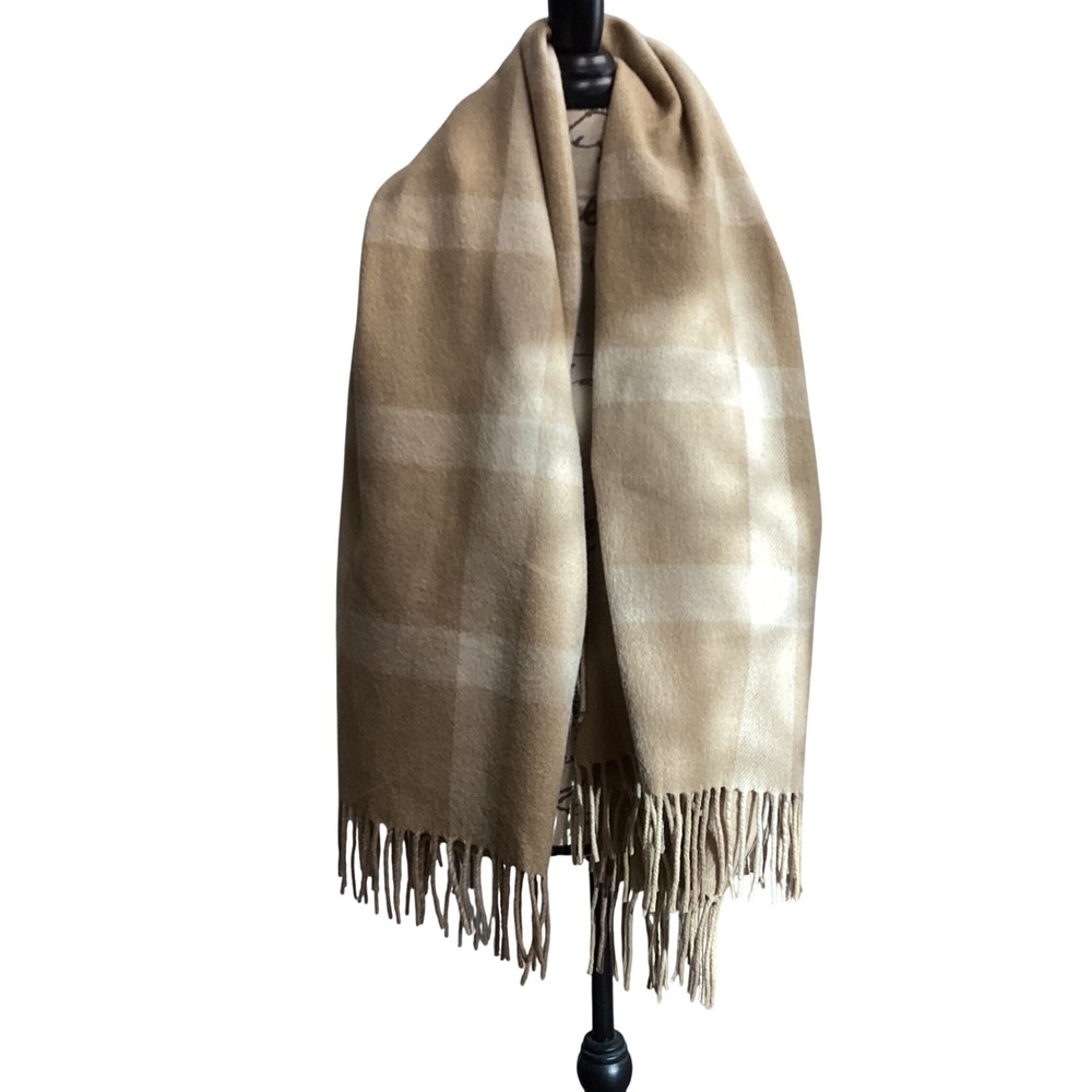 Lauren Ralph Lauren Plaid‎ THROW Scarf Wrap  Wool Blend Tan Cream Fringe 49x34